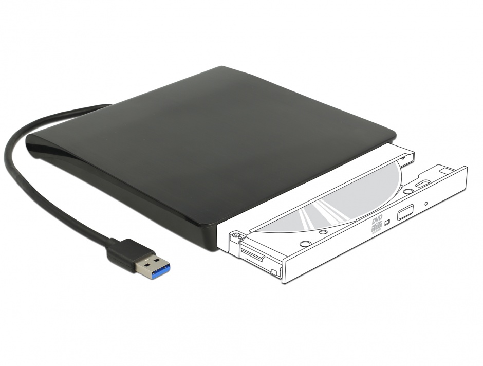 Enclosure extern pentru dispozitive 5.25″ Slim SATA 12.7 mm la USB-A Negru, Delock 42602