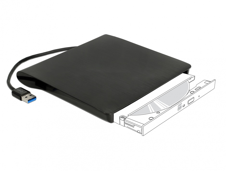Enclosure extern pentru dispozitive 5.25″ Ultra Slim SATA 9.5 mm la USB-A Negru, Delock 42603 conectica.ro