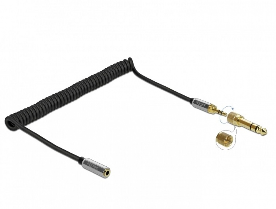 Cablu prelungitor spiralat jack stereo 3.5mm 3 pini T-M + adaptor 6.35mm 2m, Delock 85832 2m