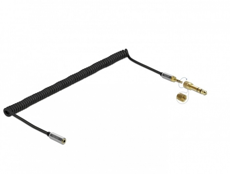 Cablu prelungitor spiralat jack stereo 3.5mm 3 pini T-M + adaptor 6.35mm 3m, Delock 85833 imagine noua