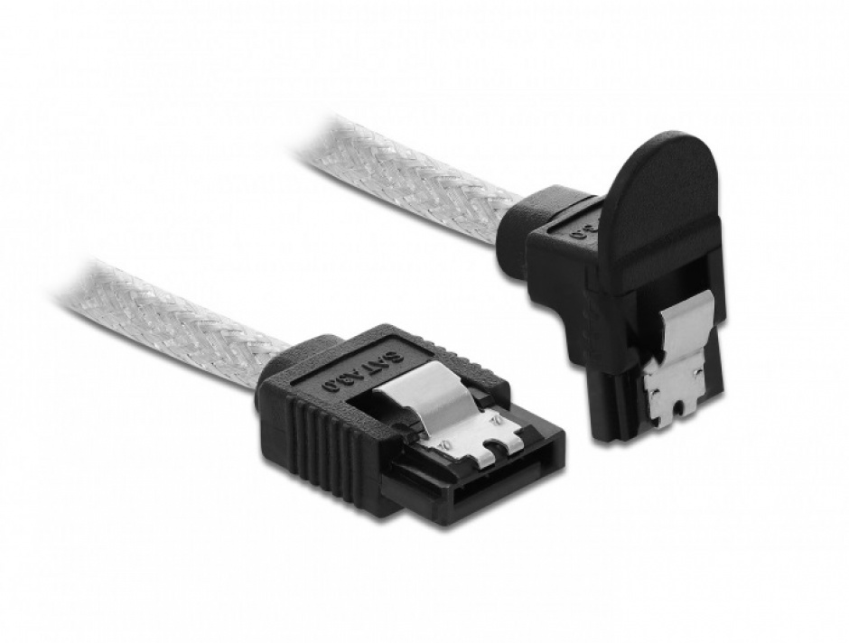 Cablu SATA III drept/unghi jos 20cm Transparent, Delock 85344 conectica.ro imagine noua 2022