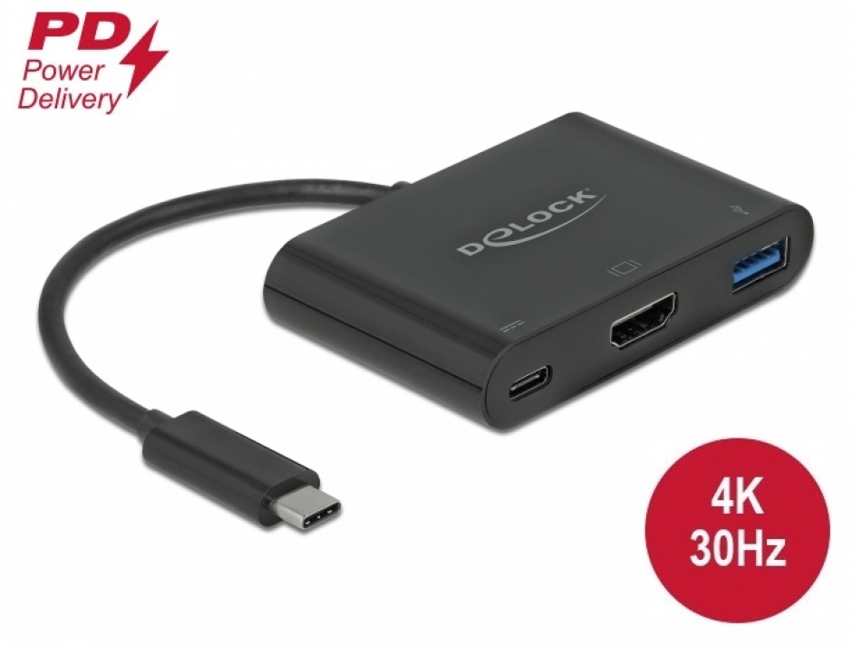 Adaptor USB-C 3.1 la HDMI 4K@30 Hz + 1 x USB-A BC1.2 + 1 x USB-C PD (Power Delivery), Delock 64091 conectica.ro