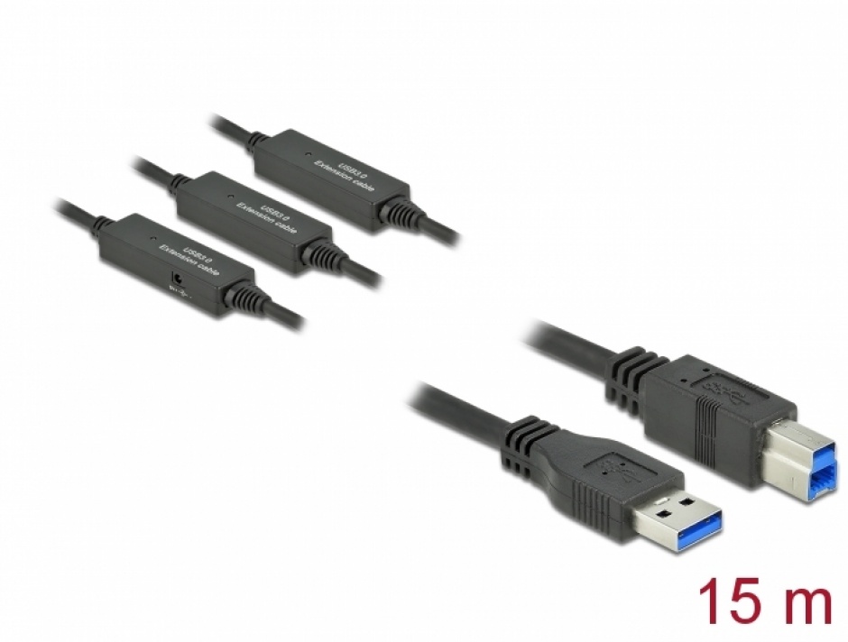 Cablu USB 3.2 Gen 1-A la USB-B activ T-T 15m Negru, Delock 85381 conectica.ro