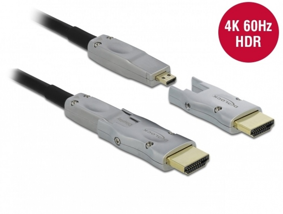 Cablu micro HDMI optic activ 4K@60Hz HDR – conectori HDMI detasabili T-T 20m Negru, Delock 85882 conectica.ro