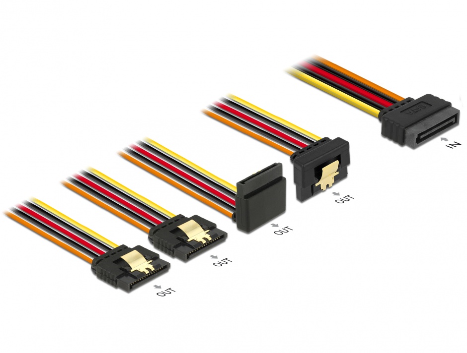 Cablu de alimentare SATA 15 pini la 2 x SATA drepte + 1 x unghi sus + 1 x unghi jos 30cm, Delock 60148 conectica.ro