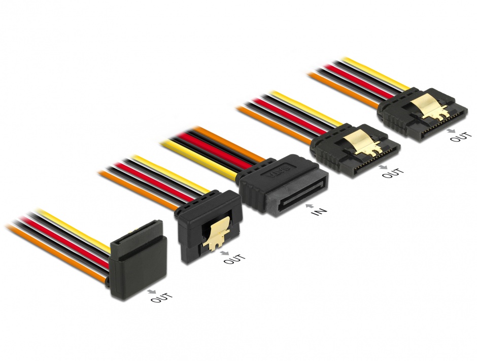 Cablu de alimentare SATA 15 pini la 2 x SATA drepte + 1 x unghi sus + 1 x unghi jos 50cm, Delock 60149 conectica.ro