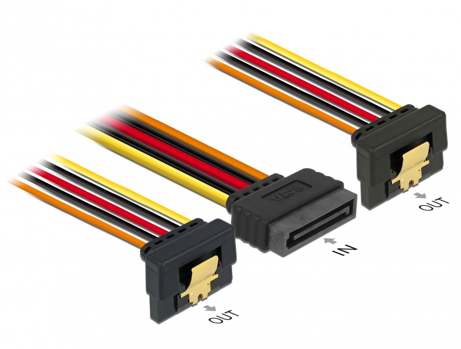 Cablu alimentare SATA 15 pini la 2 x SATA clips metalic unghi T-M 30cm, Delock 60159 conectica.ro