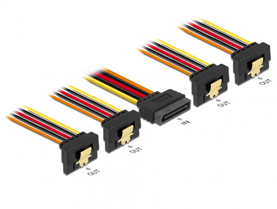 Cablu de alimentare SATA 15 pini la 4 x SATA unghi jos 15cm, Delock 60166 conectica.ro imagine noua 2022