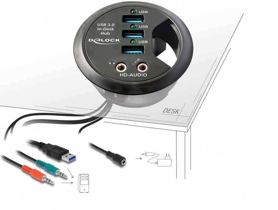 Hub 3 porturi usb 3.0 + porturi audio, delock 61990