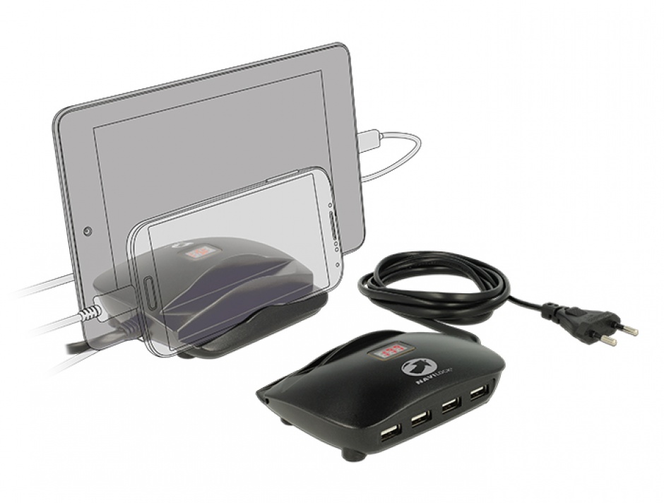 Incarcator priza (Statie de incarcare) 4 porturi + 2 x Suport Smartphone / Tableta si indicator LED pentru Amperaj, Navilock 62689