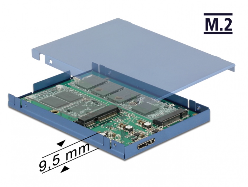 Convertor micro-B USB 3.1 la M.2 SSD key B + mSATA cu rack extern 2.5″ 9.5mm, Delock 62787 conectica.ro