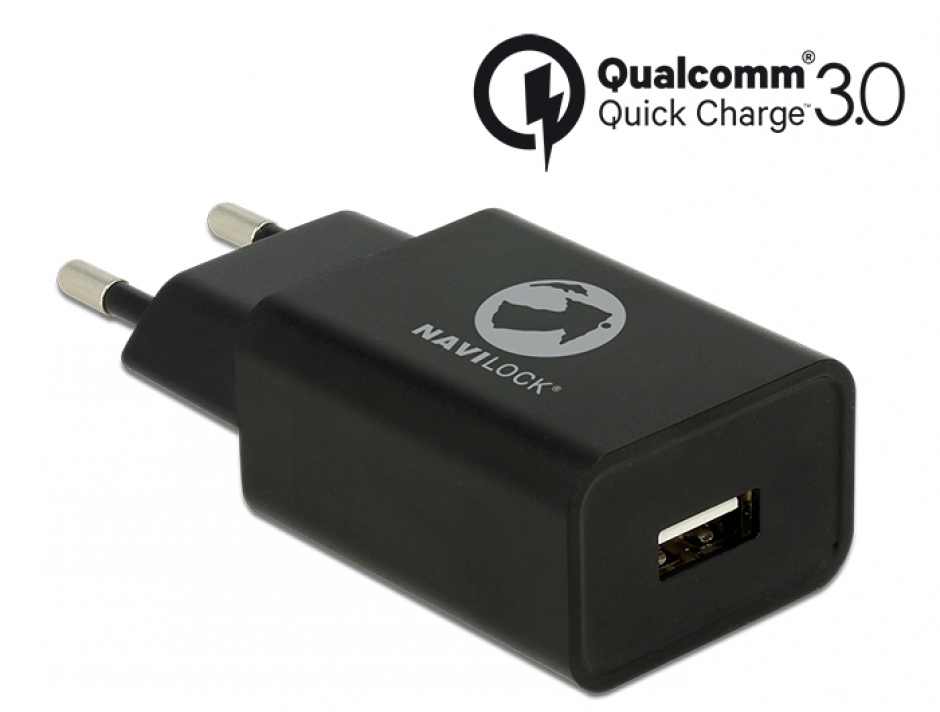 Incarcator priza cu 1 x USB Qualcomm Quick/Fast Charge 3.0 (incarcare rapida) Negru, Navilock 62968 3.0