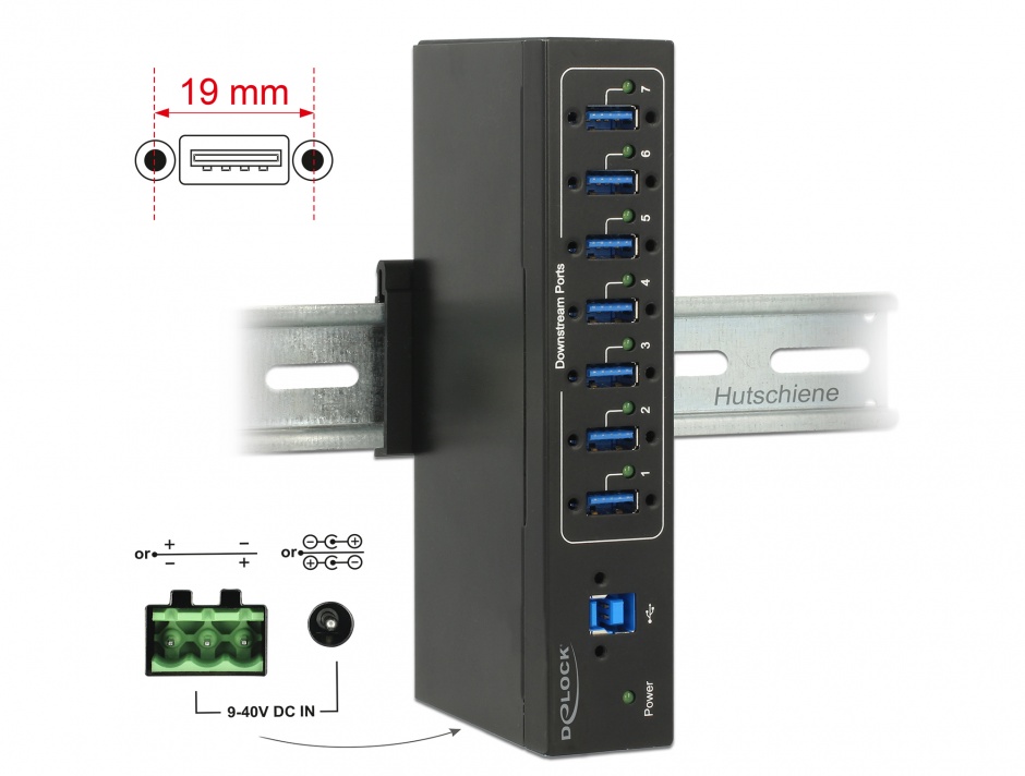 HUB extern industrial cu 7 x USB 3.0 tip A, protectie 15 kV ESD, Delock 63311