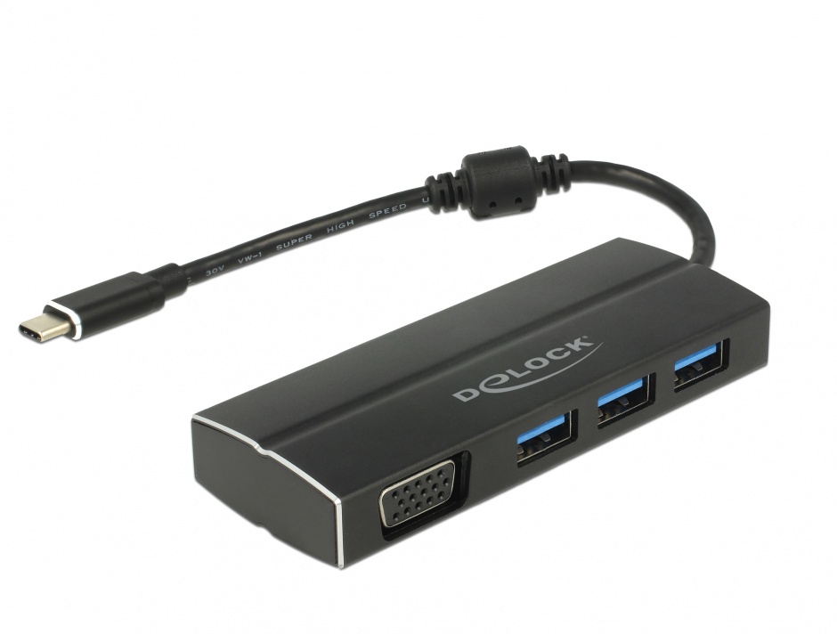 Adaptor USB-C 3.1 la VGA (DP Alt Mode) + 3 x USB-A, Delock 63932 conectica.ro