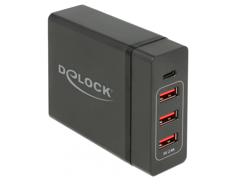 Incarcator universal 60W IEC C8 la USB-C PD + 3 x USB-A, Delock 63974 Delock 60W imagine 2022 3foto.ro