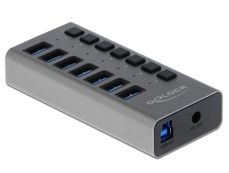Hub cu 7 porturi usb 3.0 + switch on/off negru, delock 63975