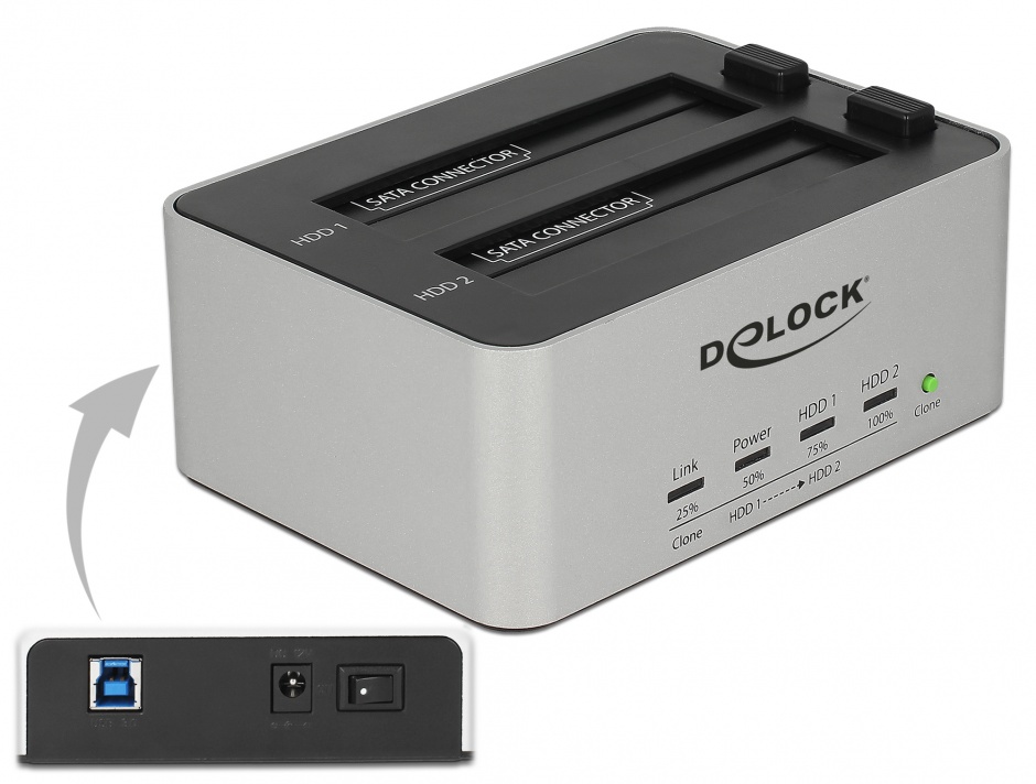 Dual Docking Station 2 x SATA HDD / SSD la USB 3.0 functie de Clona carcasa metalica, Delock 63991 conectica.ro imagine noua 2022