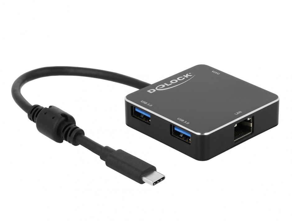 Hub usb 3.1-c cu 2 x usb-a + 1 x usb-c + 1 x gigabit lan negru, delock 64043