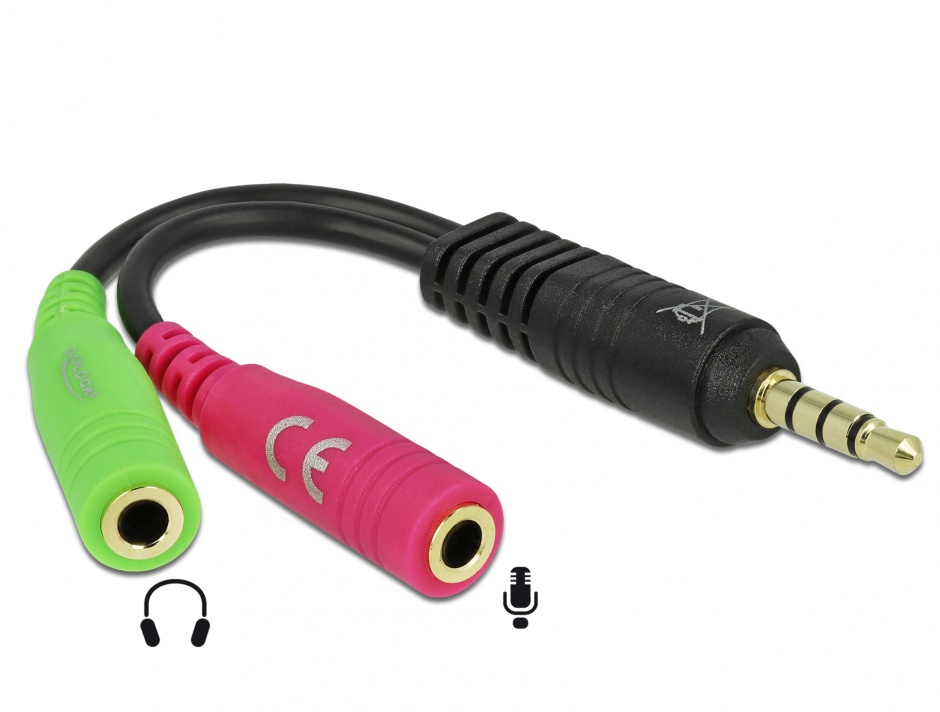 Cablu stereo jack 3.5mm 4 pini la 2 x jack 3.5mm pentru casca + microfon T-M (standard pin assignment), Delock 65344 conectica.ro