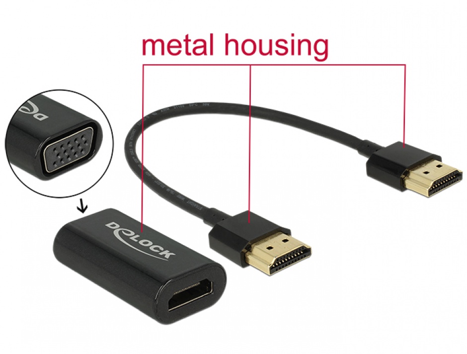 Adaptor HDMI la VGA T-M carcasa metalica + cablu HDMI 15cm, Delock 65667 conectica.ro imagine noua tecomm.ro