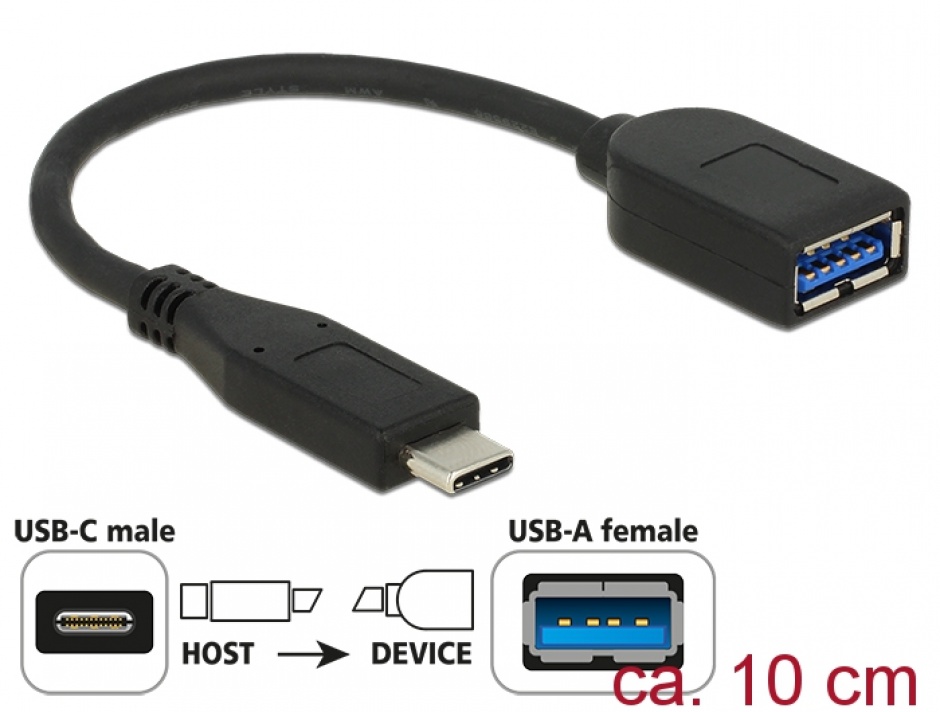 Adaptor SuperSpeed USB 3.1 tip C (host) la USB-A (device) T-M 10cm coaxial negru Premium, Delock 65684 (host)