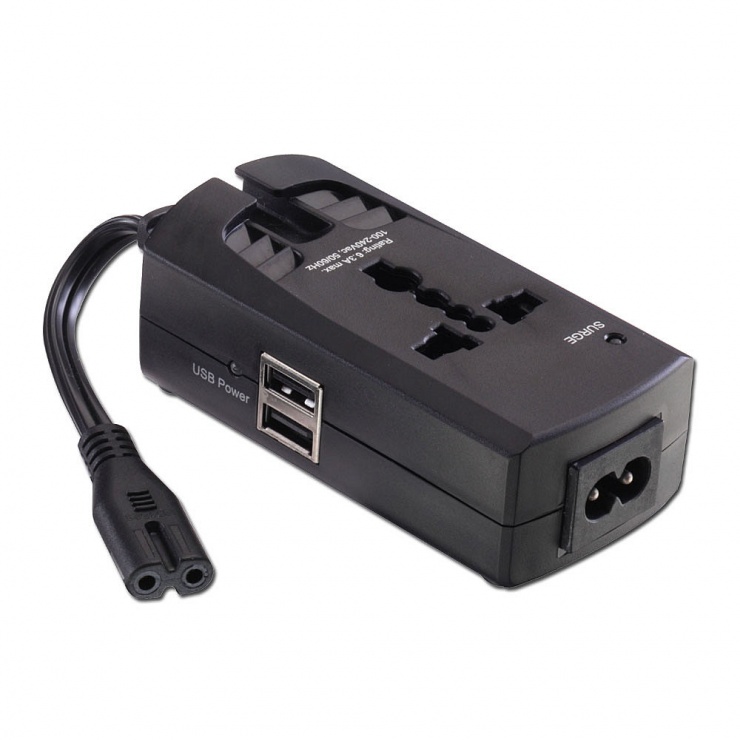 Surge protector pentru laptop iec c7/c8 2 pini cu 2 x usb, lindy l73310