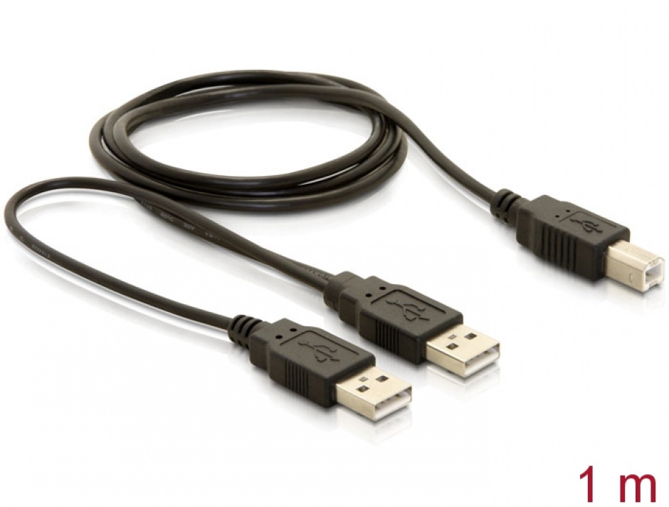 Cablu USB 2.0 Y alimentare 2 x USB tip A la USB tip B T-T 1m, 82394 1m