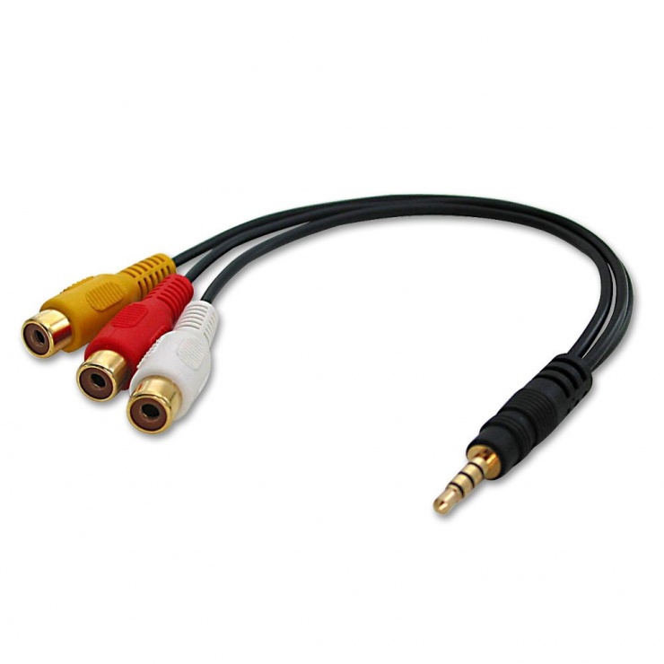 Cablu adaptor jack 3.5mm 4 pini la 3 x RCA M-T AV, Stereo & Composite Video, Lindy L35539 conectica.ro