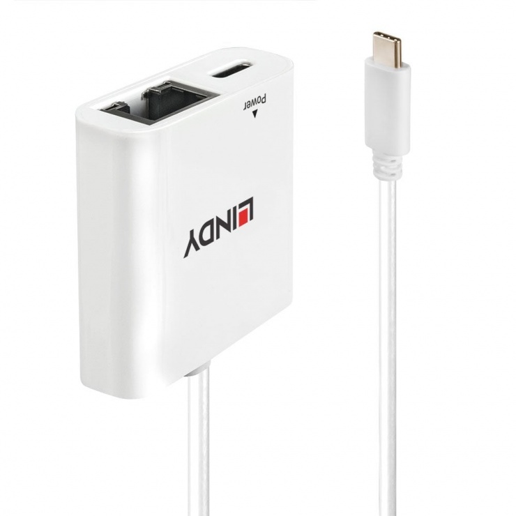 Adaptor USB-C la Gigabit LAN + alimentare USB-C T-M Alb, Lindy L43284 imagine noua