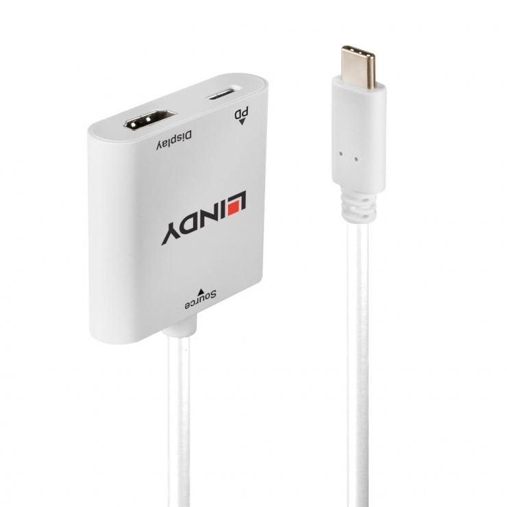 Adaptor USB 3.1-C la HDMI 4K60Hz cu PD (power delivery) T-M Alb, Lindy L43272 conectica.ro