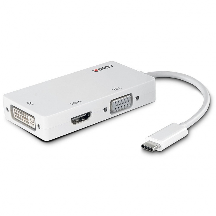 Adaptor USB-C la HDMI / VGA / DVI T-M Alb, Lindy L43273 adaptoare