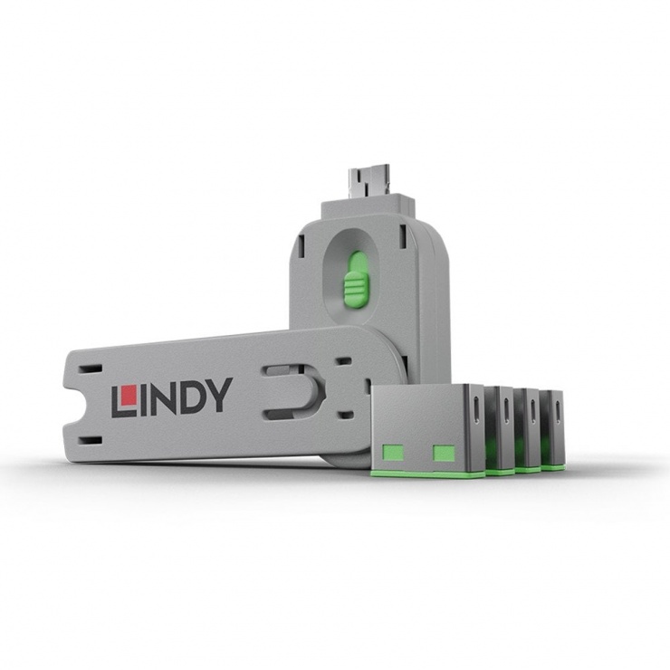 Sistem de blocare Port USB cheie + 4 incuietori Verde, Lindy L40451 conectica.ro