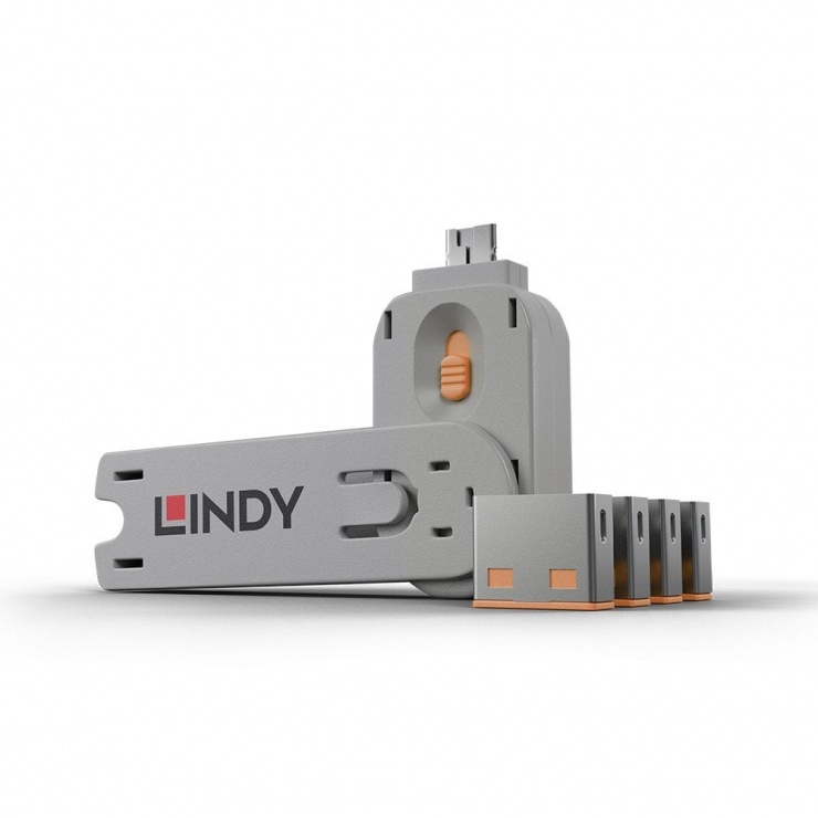 Sistem de blocare Port USB cheie + 4 incuietori Portocaliu, Lindy L40453 imagine noua