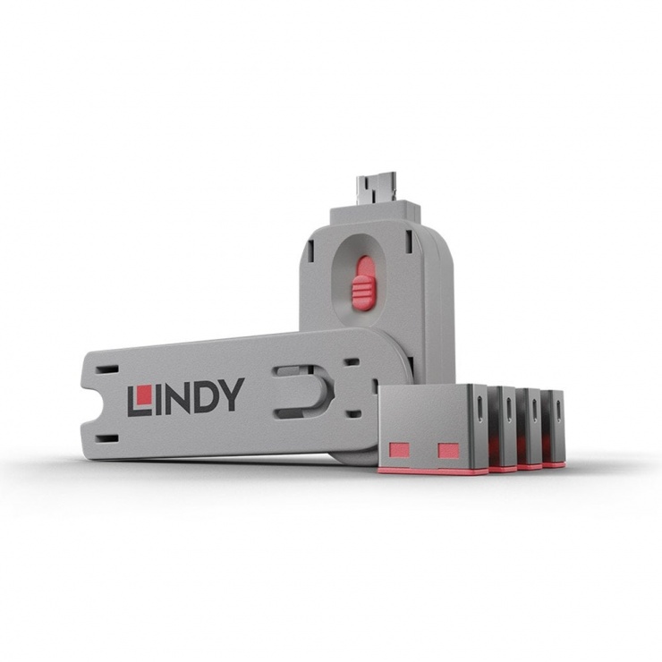 Sistem de blocare Port USB cheie + 4 incuietori Roz, Lindy L40450 imagine noua