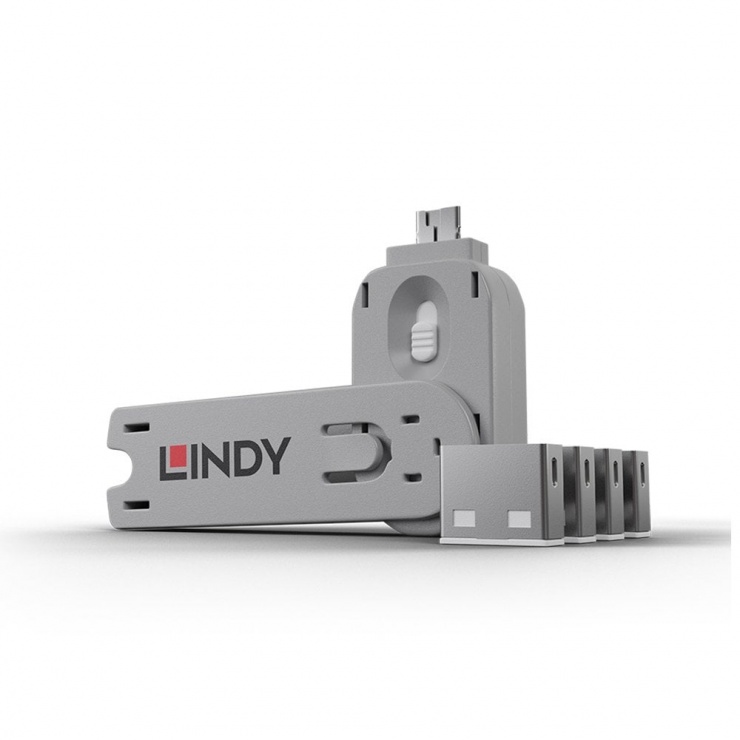 Sistem de blocare Port USB cheie + 4 incuietori Albe, Lindy L40454 conectica.ro