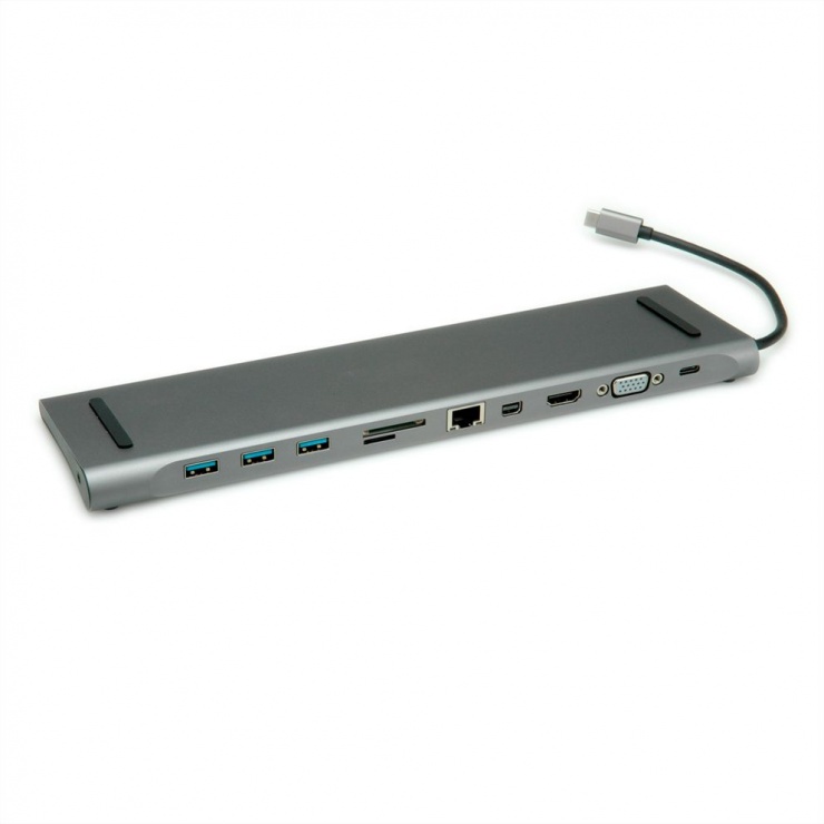 Docking Station USB-C la 4K HDMI/Mini DP, VGA, 3 x USB 3.0, 1 x SD/Micro SD Card Reader, 1 x USB-C PD (Power Delivery), 1 x Gigabit Ethernet, 1 x 3.5mm Audio, Roline 12.02.1117 conectica.ro imagine noua tecomm.ro
