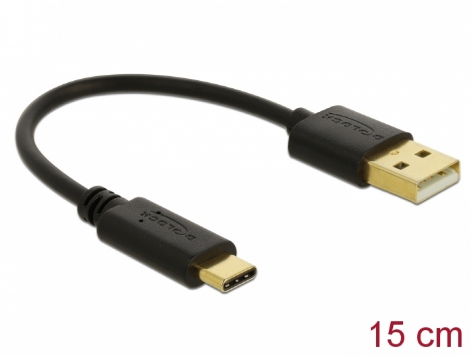 Cablu de incarcare USB 2.0 la USB-C T-T 15cm Negru, Delock 85351