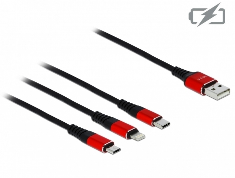 Cablu de incarcare 3 in 1 USB la iPhone Lightning / Micro USB / USB-C 1m, Delock 85892 conectica.ro