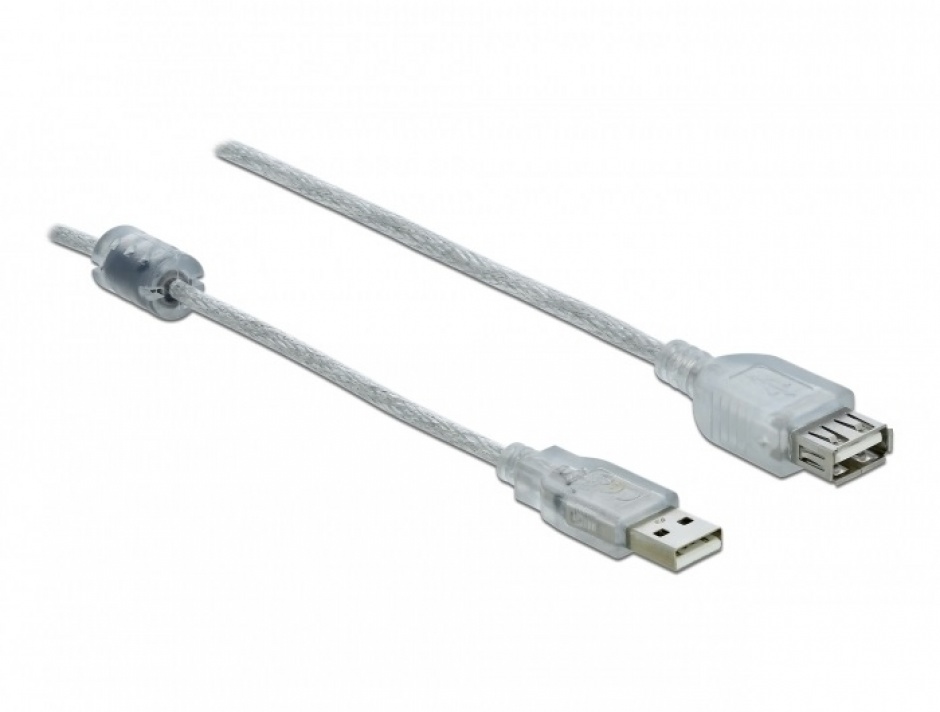 Cablu prelungitor USB 2.0 T-M cu ferita 5m transparent, Delock 83885 2.0