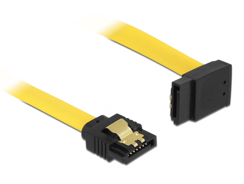 Cablu SATA III 6 Gb/s unghi sus-drept clips metalic 30cm galben, Delock 82804 conectica.ro