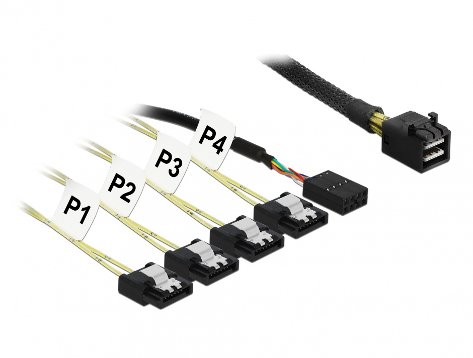 Cablu Mini SAS HD SFF-8643 la 4 x SATA 7 pini Reverse + Sideband 1m, Delock 83322 conectica.ro