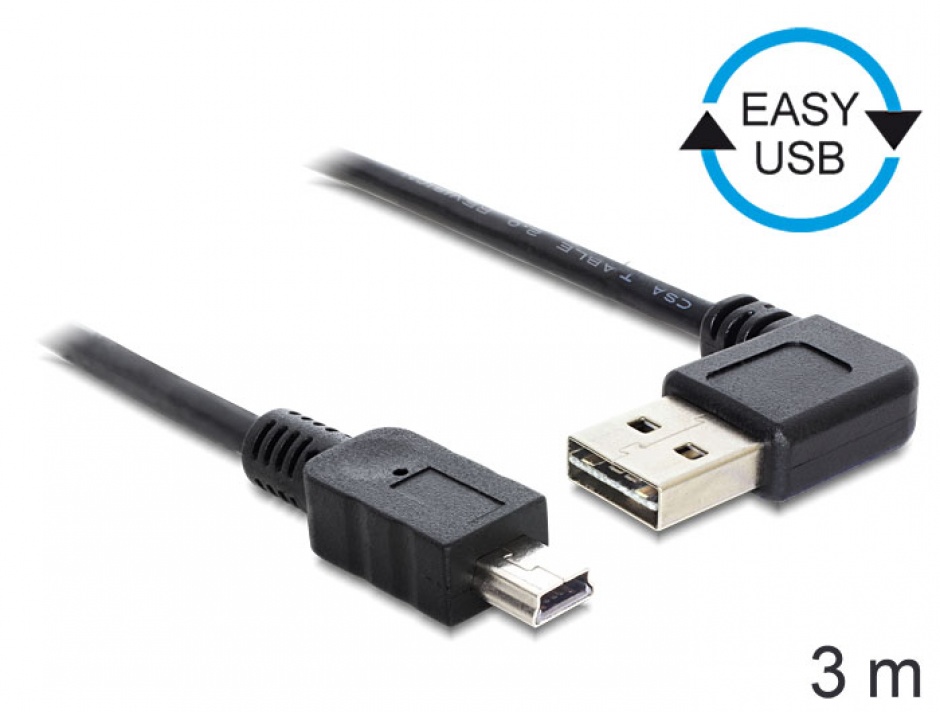 Cablu EASY-USB 2.0 tip A unghi stanga/dreapta la mini USB-B 2.0 T-T 3m Negru, Delock 83380 conectica.ro