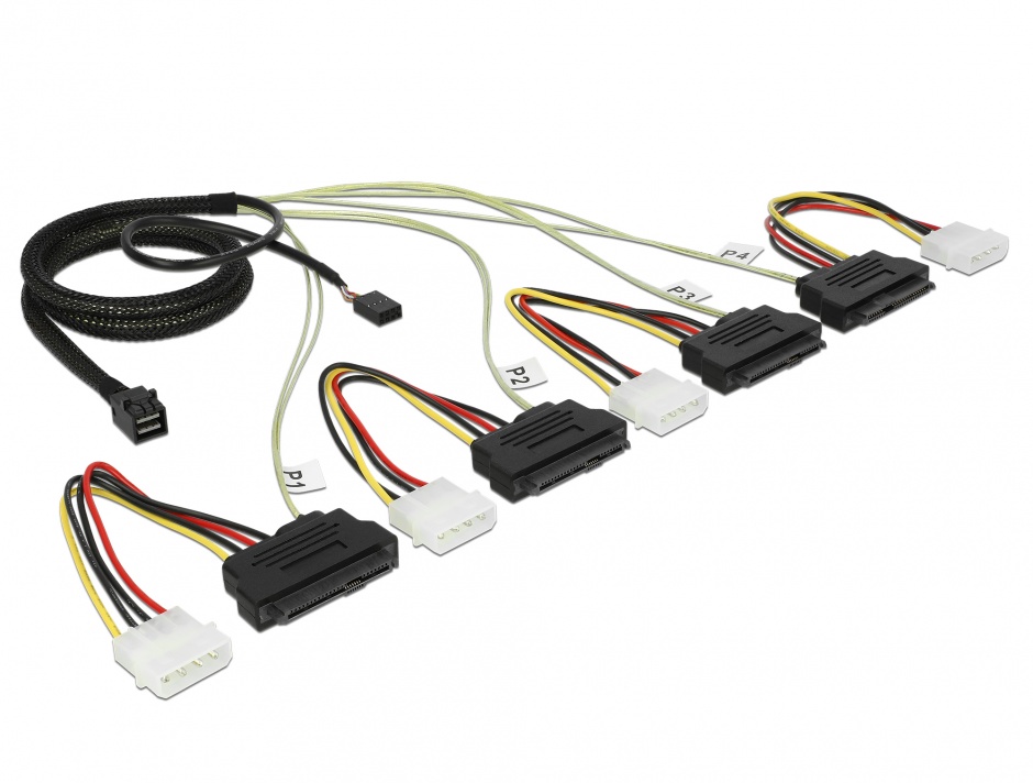 Cablu Mini SAS HD SFF-8643 la 4 x SAS SFF-8482 + power + Sideband 1m, Delock 83391 1m