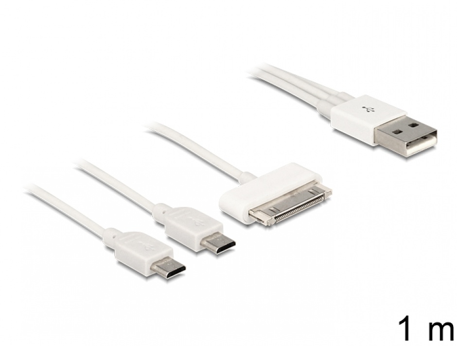 Cablu usb multicharging 1 x 30 pini apple/samsung + 2 x micro usb 1m alb, delock 83420