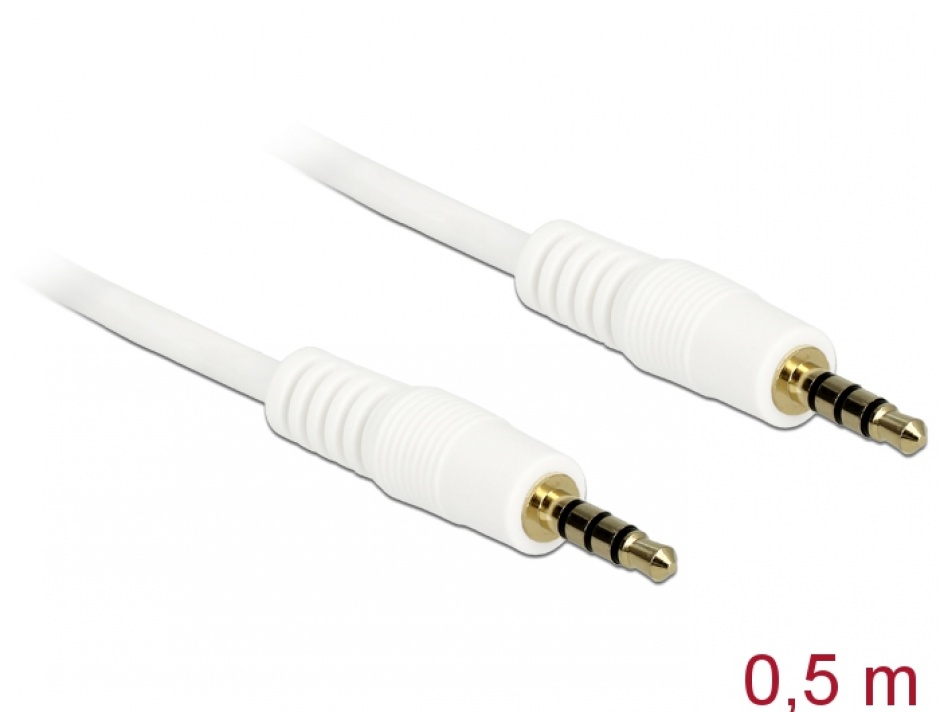 Cablu stereo jack 3.5mm 4 pini Alb T-T 0.5m, Delock 83439