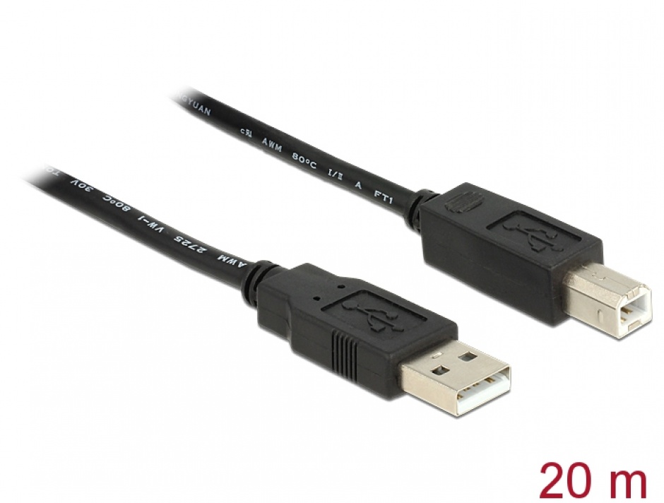 Cablu USB 2.0 A la tip B imprimanta activ 20m T-T, Delock 83557 conectica.ro