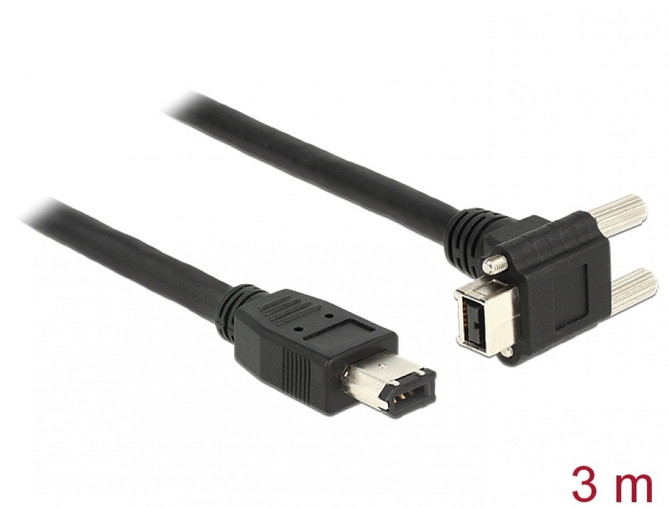 Cablu firewire 9 pini unghi 90 grade la 6 pini cu suruburi 3m negru, delock 83590
