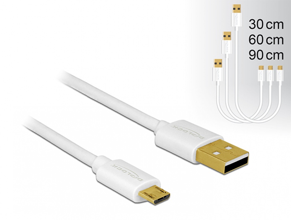 Cablu de date si incarcare Quick/Fast Charging (incarcare rapida) USB 2.0 la micro USB-B 3 buc/set Alb, Delock 83679 2.0