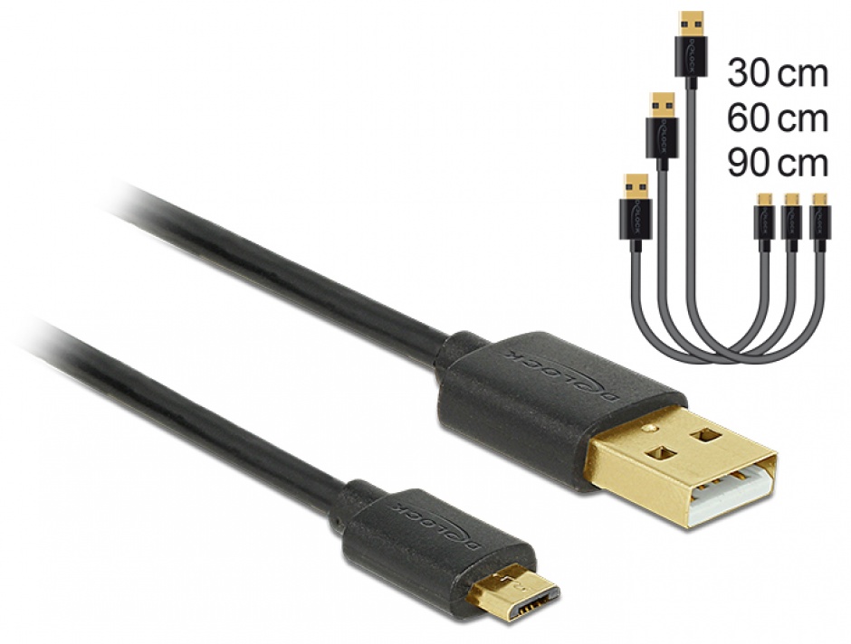 Cablu de date si incarcare Fast/Quick Charging (incarcare rapida) USB 2.0 la micro USB-B 3 buc/set Negru, Delock 83680 2.0