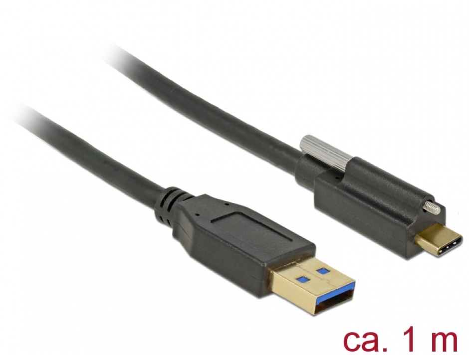 Cablu superspeed usb 10 gbps (usb 3.1 gen 2) tip a la usb-c cu surub sus t-t 1m negru, delock 83717
